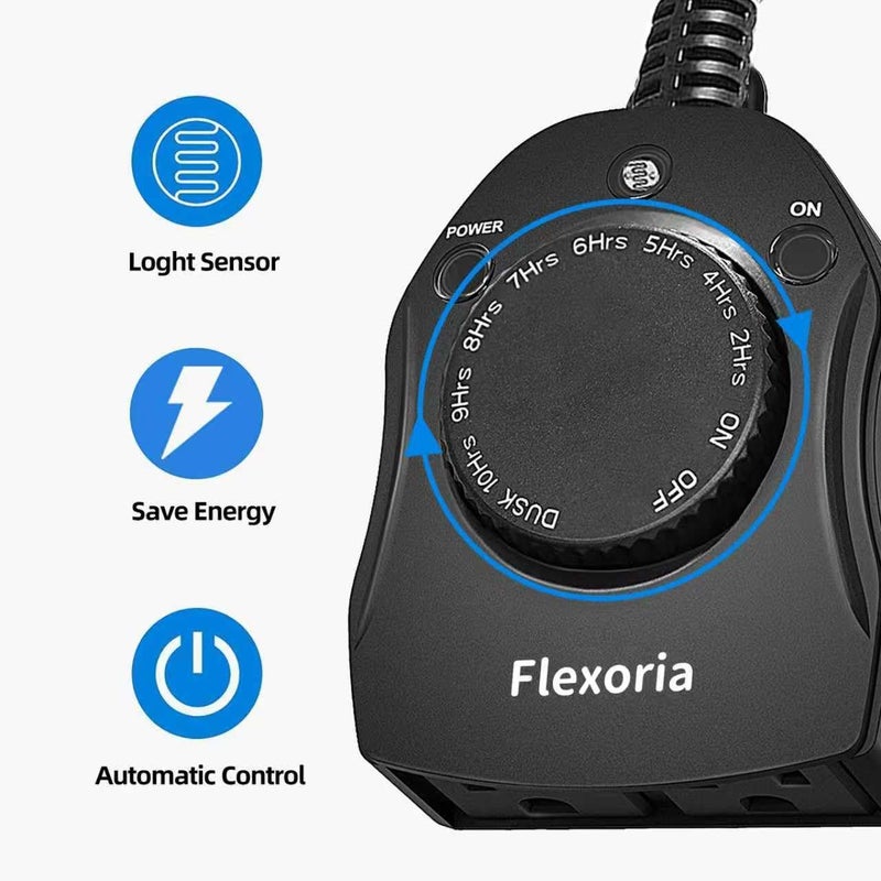 Flexoria Outdoor Timer Outlet Waterproof, Dusk to Dawn Light Sensor Timer, 2 Grounded Electrical Outlets for Christmas Lights, 15A/1875W, ETL Listed (1 Pack) - Image 2